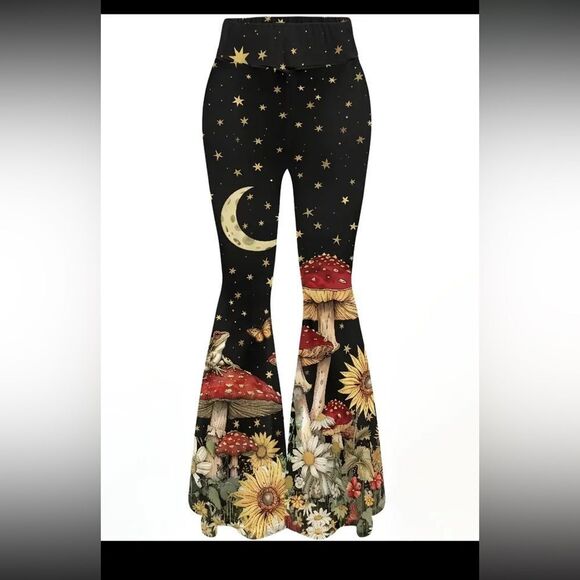 Celestial Black Flare Pants with Mushroom and Floral Art - Picture 5 of 10